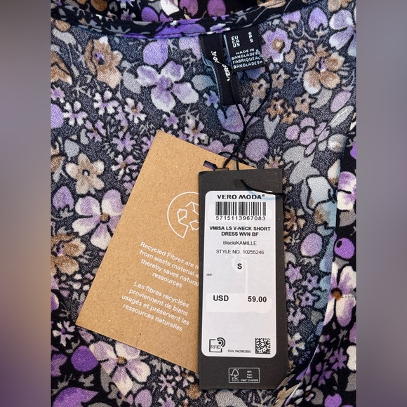Vero Moda v-neck long sleeve black and purple floral ruched dress nwt small - Picture 9 of 10